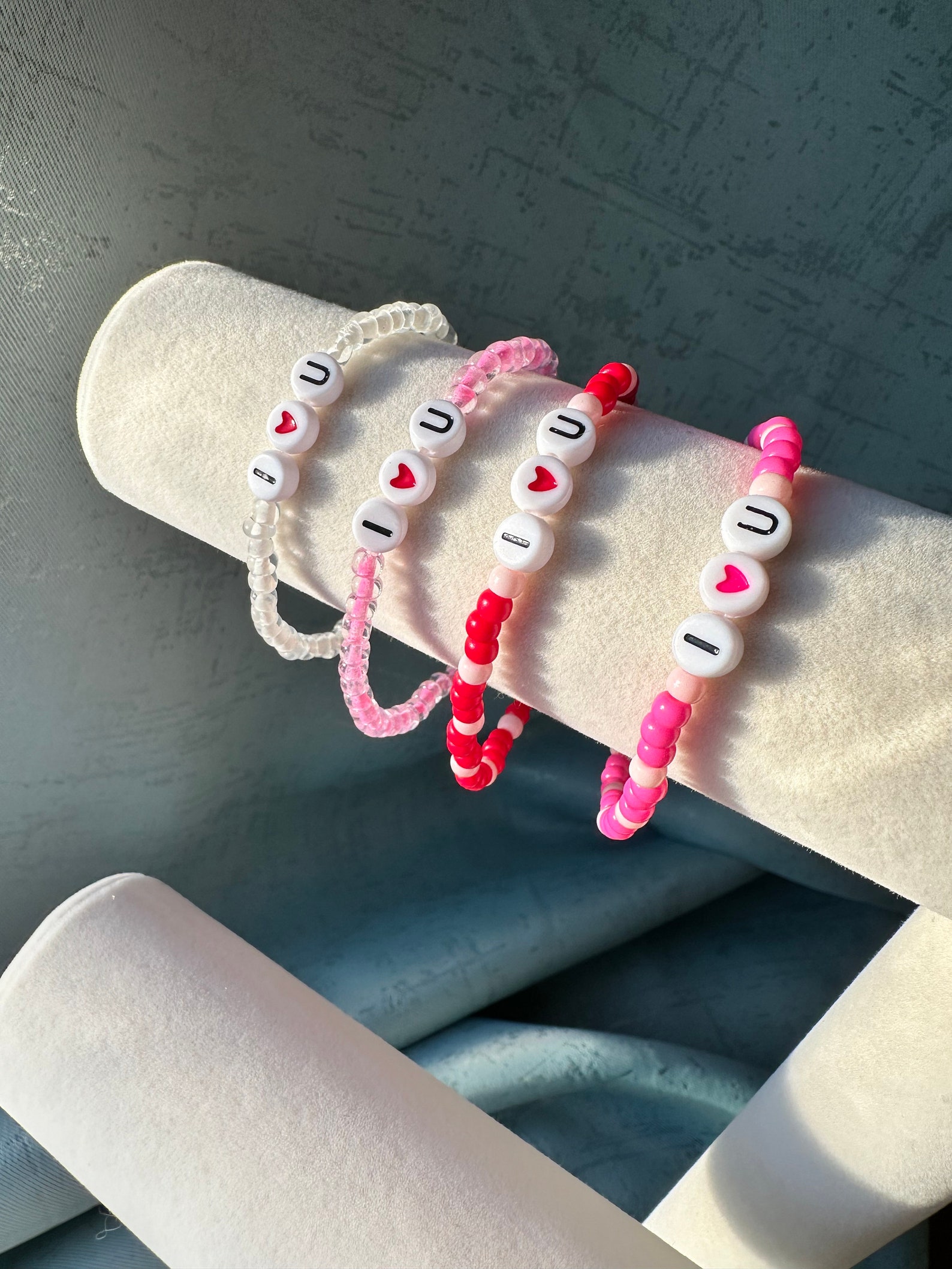 Glass Seed Bead Valentine Bracelet, I Love You, Heart Charm, Heart