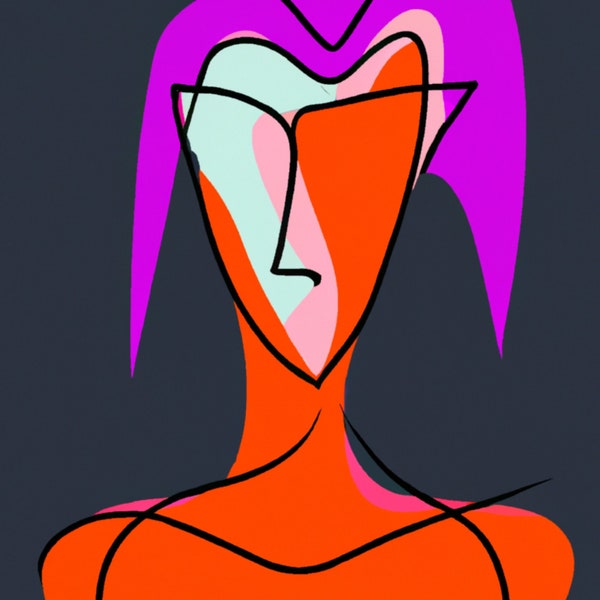 A vibrant, bold, and beautiful depiction of a woman surrounded by abstract shapes is a truly unique and captivating piece of art