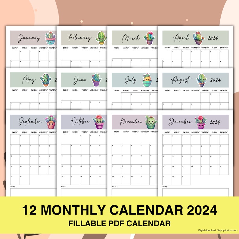 Editable Monthly Calendars 2024, Portrait Printable Fillable Calendar