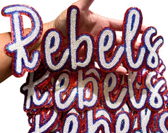 Rebels Patch, Sequin Patch, Football Patch, Game Day Sequin Patch, Sequin Star Patch, DIY, Iron on Patch, Mascot Patch,Red glitter backing,