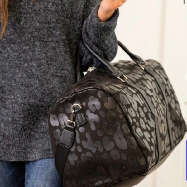 Large Black On Black Leopard Zip Weekend Overnight Satchel Bag main image 0