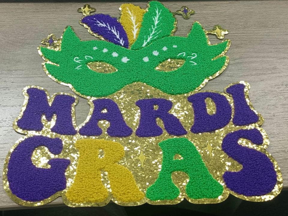 Purple Mardi Gras Mask Chenille Gold Glitter Iron On Patch – Scratch Decor