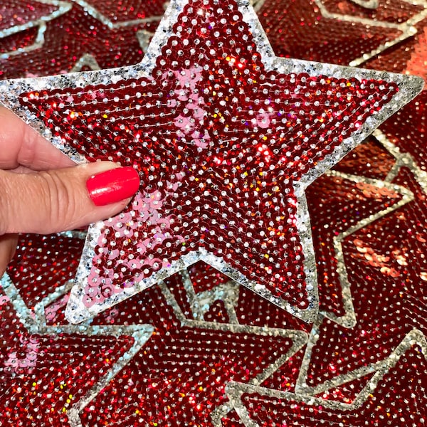 Star Patch, Sequin Star Patch, Crimson and Silver 5" Patch, Iron on Patch, DIY, Trucker Hat Patch, Preppy Patch Trendy Patch , Sequin Star