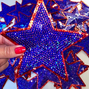 Sequin Star Patch: Royal Blue & Red Iron-On Applique (5 inch)