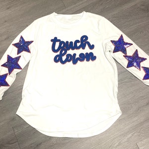 Touch Down Chenille Patch: Royal Blue, Red Glitter, Iron On