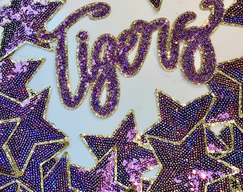 Tigers Patch, Sequin Patch, Football Patch, Tigers Purple Game Day Sequin Patch, Sequin Star Patch, DIY, Iron on Patch, Gold glitter backing