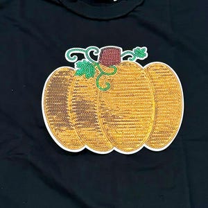 Peut inclure: Un t-shirt noir avec une applique de citrouille en paillettes dorées et vertes.