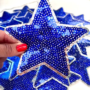 Royal Blue and Silver Sequin Star Patch: Iron-On Applique (5 inch)