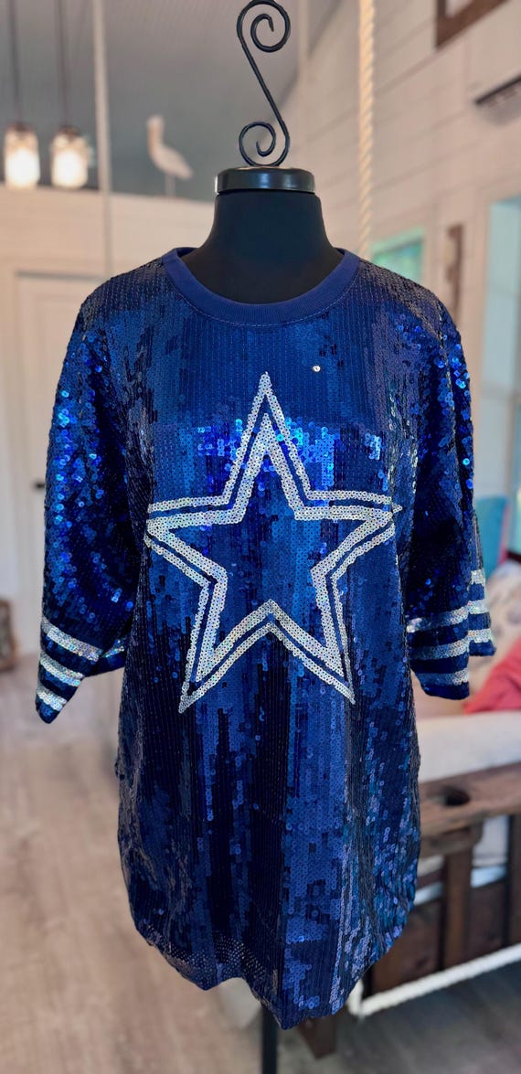 blue sequin jersey dress Star Sequin Jersey Dress: Game Day Attire