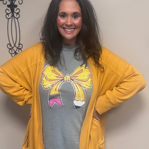 Sequin Pencil Bow Patch: Teacher Iron-On Applique (11 inch)