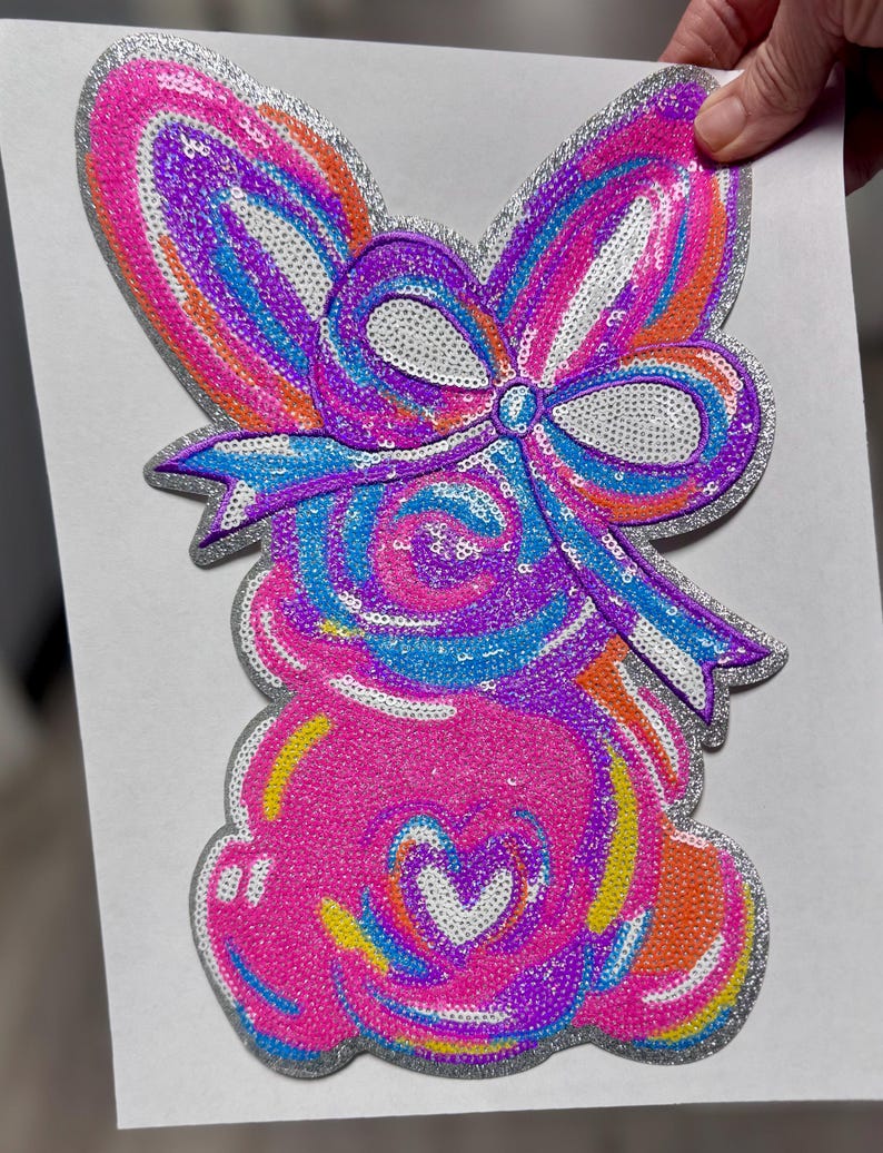 Sequin Bunny Patch, Easter Iron-On Applique (10.75” x 7”) image 2