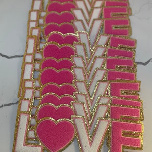 Parche de San Valentín, 11", parche de amor, parche termoadhesivo, parche con purpurina dorada, parche de chenilla con amor para el día de San Valentín, parche de corazón, parches con letras de amor
