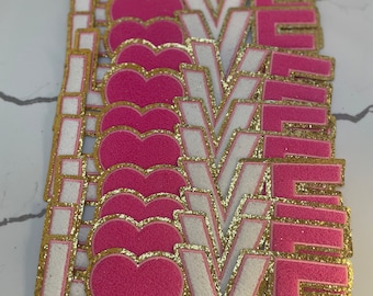 Love Iron On Chenille Patches with Gold-Glitter Edging 11" - Valentine's Day Love Chenille Patches - Heart Patches - Love Letter Patches