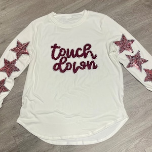 Crimson Chenille &#39;Touch Down&#39; Game Day Iron On Patch: Sequin Star, Silver Glitter