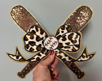 Tacos de beisebol com lantejoulas e aplique de laço de leopardo: aplique grande para passar a ferro (28 cm)