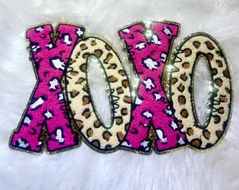 Valentine's day, Chenille Leopard Hot Pink Patch, 10" Xoxo, Love, Iron Patch, Do it yourself Valentines Sweatshirt. Large Chenille Patch