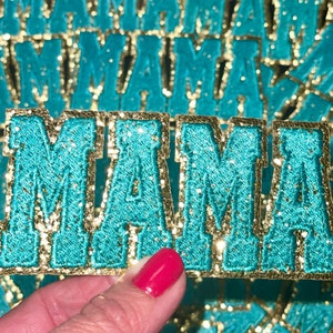 ママパッチ、トラッカーハットパッチ、ターコイズカラーのママパッチ、刺繍パッチ、ママパッチ、グリッターパッチ、帽子用パッチ、DIY、アイロンパッチ