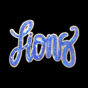 Sequin Lions Patch: Royal Blue & Gold Glitter, Iron-On Applique 11in