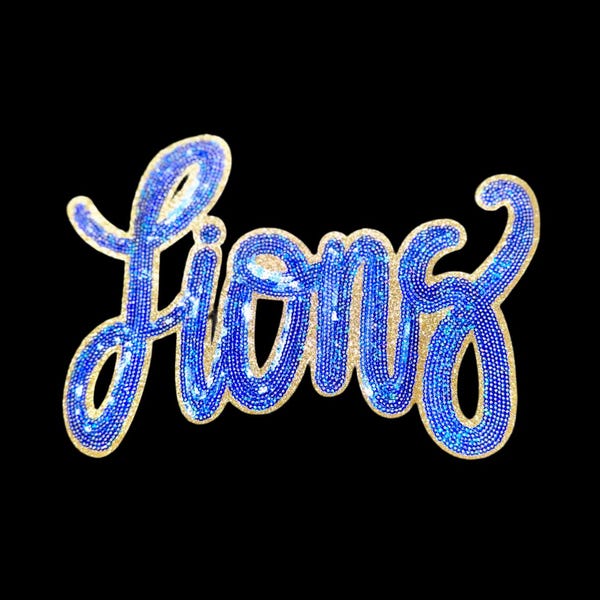 Sequin Lions Patch: Royal Blue & Gold Glitter, Iron-On Applique 11in