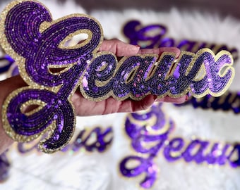 Sequin Script Geaux Patch: Gold Glitter Iron on Applique