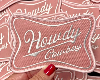 Howdy Cowboy Patch: Pink Western Iron-On Embroidery Patch (4.5 inch)