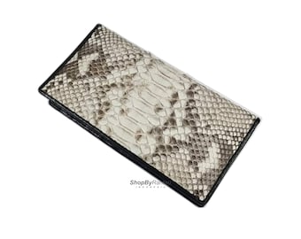 Cartera plegable larga hecha a mano de piel de serpiente pitón auténtica