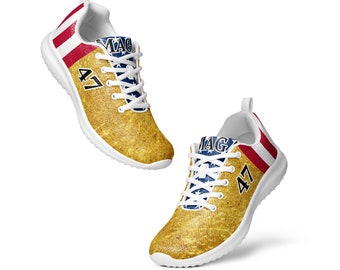 MAGA 47 Trump Gold and American Flag Women’s athletic sneaker shoes