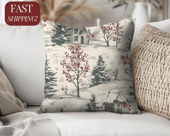 Winter Toile Pillow Holiday Decor Farmhouse Winter Scene Cushion