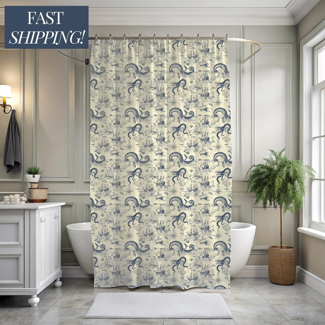 Nautical Toile Shower Curtain Coastal Bathroom Decor Beach House Shower ...