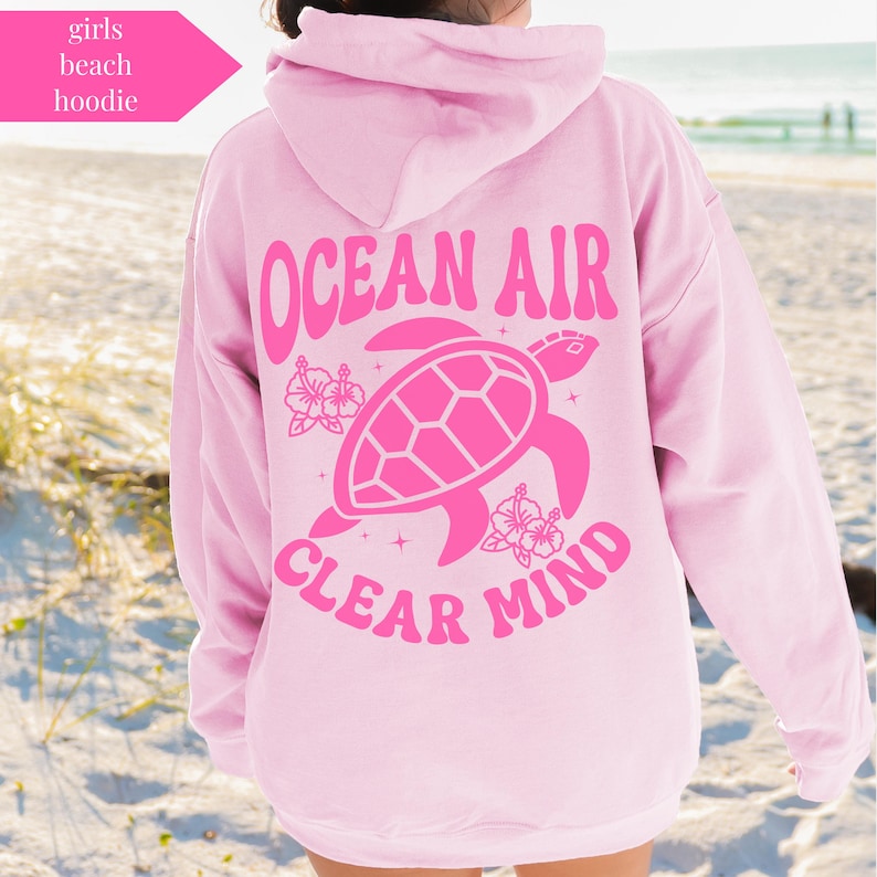 Oversized Beach Hoodie for Girls Coastal Hoodie Summer Beach Sweatshirt Comfy Surf Hoodie Girls Coastal Cowgirl Sweatshirt Vacation Hoodie Ocean Air Clear Mind turtle hoodie | pink tropical palm design