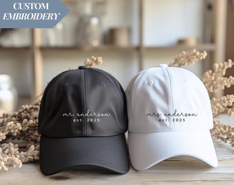 Personalized Mrs Hat Custom Wedding Gift Newlywed Gift Idea Wedding Date Hat Bride Accessory Anniversary Gift Custom Honeymoon Hat Bridal