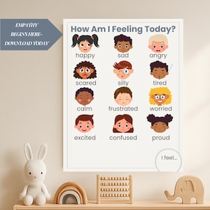 Emotions Poster Printable Calm Corner Feelings Chart for Kids Neutral Watercolor Diverse Faces SEL Visual for Classroom or Home Educational