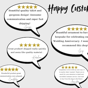 May include: Five-star customer reviews for a shop, with text highlighting the quality of the products and the excellent customer service. The text includes the words "Happy Customers", "Beautiful quality tshirt", "gorgeous design", "Awesome communication", "super fast shipping", "Great product", "shipped really quickly", "seems like quality material", "Beautiful ornament", "keepsake", "celebrating our 40th Wedding Anniversary", "highly recommend this shop", "Wonderful product", "great communication", "very pleased", "Completely in love", "exactly what I wanted", "incredible customer service", "Cant wait to buy from this shop in the future".