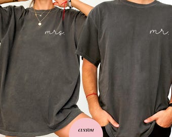 Mrs Shirt Embroidered Mr and Mrs Tees Honeymoon Outfit Bride and Groom Shirt Personalized Mrs Tee Bride Top Engagement Photo Shoot Mrs Shirt