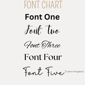May include: A font chart showing five different font styles. The text "FONT CHART" is in a light brown colour. The fonts are labelled "Font One" through "Font Five" in black. The text "(as shown in listing photos)" is below "Font Five".