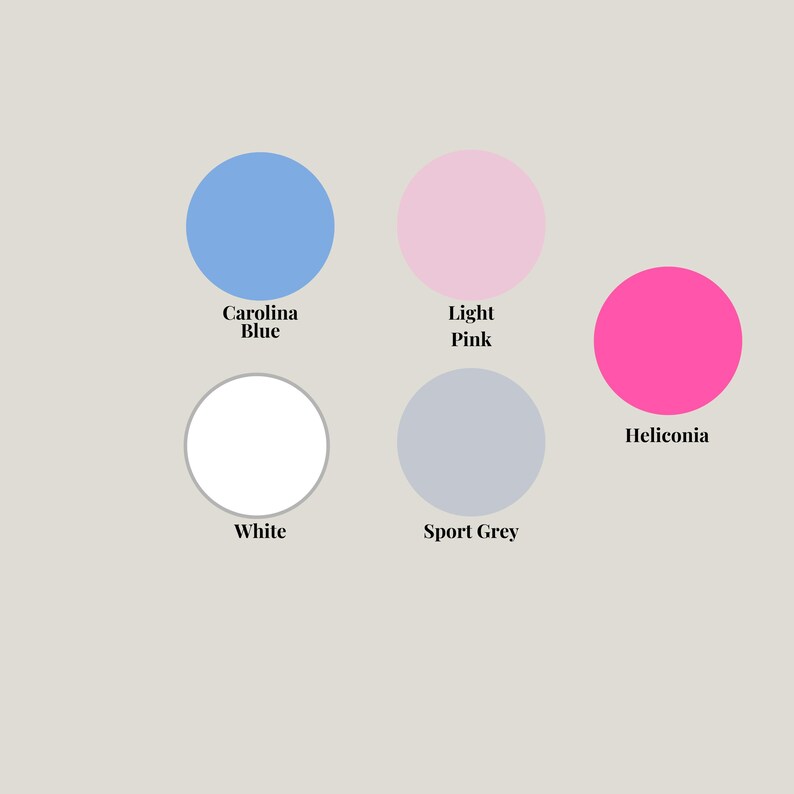 Puede incluir: Una paleta de colores con cinco muestras circulares: Azul Carolina, Rosa claro, Blanco, Gris deportivo y Heliconia. Cada color est&aacute; etiquetado con su nombre en una fuente sans-serif sobre un fondo neutro.