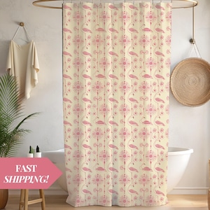 Flamingo Shower Curtain Watercolor Tropical Bathroom Decor Pink Bird Fabric Bath Curtain Summer Beach House Coastal Home Exotic Bird