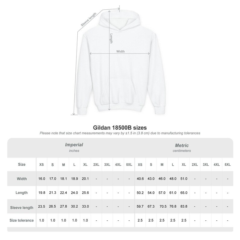 Puede incluir: Sudadera con capucha blanca con medidas de ancho, largo y largo de manga. La tabla de tallas incluye medidas imperiales en pulgadas para las tallas XS a XL. La tabla tambi&eacute;n incluye medidas m&eacute;tricas en cent&iacute;metros.