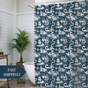 Rideau de douche en toile nautique, décoration de salle de bain côtière, rideau de bain sur le thème de l'océan, housse de douche pour maison de plage, drapé en tissu marin, marine