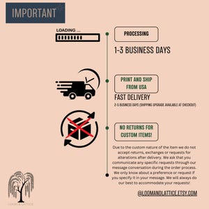 May include: A graphic with important information about processing, shipping, and returns for custom items. The graphic includes a loading bar, a truck, a no returns symbol, and text that says "Processing 1-3 Business Days", "Print and Ship from USA", "Fast Delivery 2-5 Business Days (Shipping Upgrade Available at Checkout)", "No Returns for Custom Items!", and "Due to the custom nature of the item we do not accept returns, exchanges or requests for alterations after delivery. We ask that you communicate any specific requests through our message conversation during the order process. We only know about a preference or request if you specify it in your message. We will always do our best to accommodate your requests! @LOOMANDLATTICE.ETSY.COM".