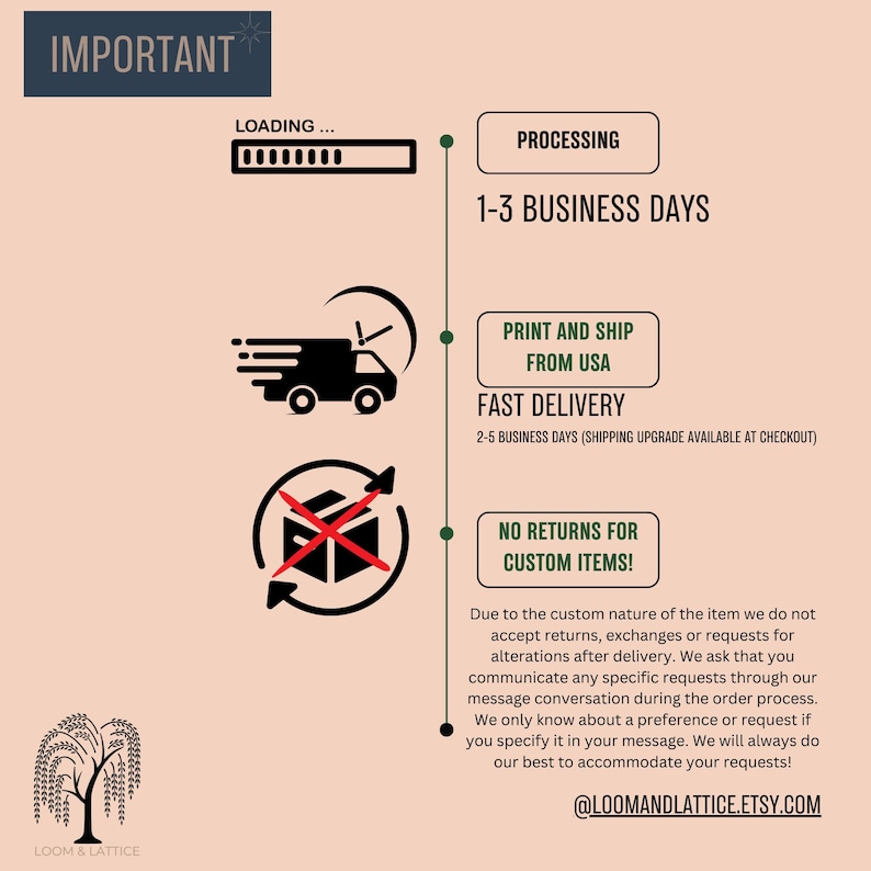 May include: A graphic with important information about processing, shipping, and returns for custom items. The graphic includes a loading bar, a truck, a no returns symbol, and text that says "Processing 1-3 Business Days", "Print and Ship from USA", "Fast Delivery 2-5 Business Days (Shipping Upgrade Available at Checkout)", "No Returns for Custom Items!", and "Due to the custom nature of the item we do not accept returns, exchanges or requests for alterations after delivery. We ask that you communicate any specific requests through our message conversation during the order process. We only know about a preference or request if you specify it in your message. We will always do our best to accommodate your requests! @LOOMANDLATTICE.ETSY.COM".