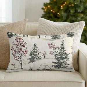 Winter Pillow Festive Winter Cushion Seasonal Home Decor Snowy Landscape Farmhouse Holiday Gift Cozy Toile Print Red Berry Evergreen