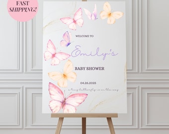 Letrero de mariposa para baby shower, letrero de bienvenida para baby shower, decoración para baby shower de niña, póster de bienvenida para baby shower, decoración para fiesta de revelación de género