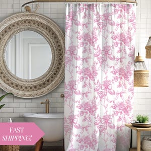 Pink Shower Curtain Flower Toile Vintage Inspired Bathroom Decor for Teen Girl Floral Pattern Fabric Drapes French Country Home Accessories