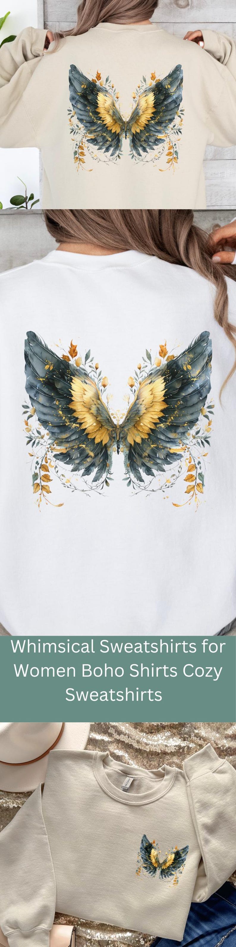 May include: A white sweatshirt with a gold and blue butterfly design on the back. The butterfly has floral accents and is surrounded by leaves. The sweatshirt is shown on a model wearing it. The text "Whimsical Sweatshirts for Women Boho Shirts Cozy Sweatshirts" is displayed below the image.