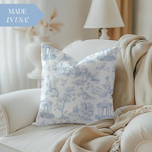 Toile Pillow Powder Blue Floral Decorative Cushion Home Accent Throw Pillow Holiday Decoration Spring Decor Pastel