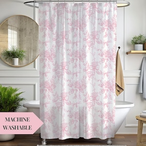 Light Pink Toile Shower Curtain French Country Decor Romantic Vintage Style Blush Pink Cottagecore Bath Drape Elegant Floral Shower Curtain