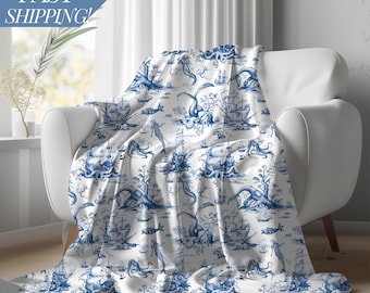 Coperta in pile di tela nautica, tema marino, morbida coperta, biancheria da letto costiera, decorazione blu navy, trapunta da spiaggia, trapunta marittima