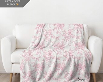 Pink Toile Blanket for Baby Girl or Bridal Gift Cozy Fleece Throw French Country Decor Custom Name Option Shabby Chic