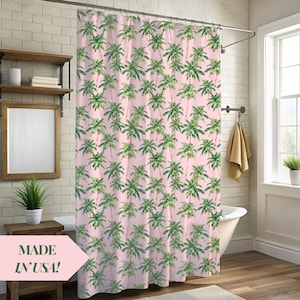Tropical Palm Tree Shower Curtain Beach Paradise Bathroom Decor Coastal Bath Curtain Relaxing Palm Design Summer Vibe Pink Tropical Bath